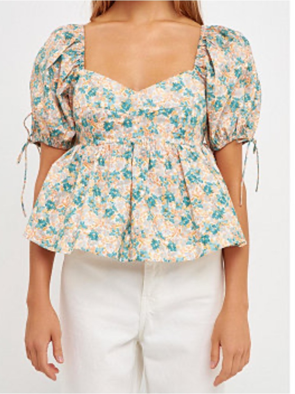 Floral Puff-Sleeve Peplum Top - Green & Peach